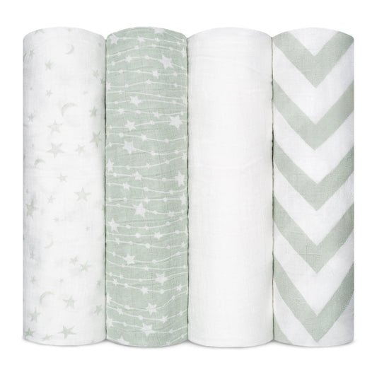 Muslin Swaddle Blankets in Green, 4 Pack