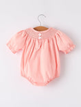 Load image into Gallery viewer, Girls Horse Smocking Embroidered Coral Romper