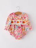 Load image into Gallery viewer, Fall Halloween & Thanksgiving Pumpkin Bow Smock Embroidered Floral Baby Girl Romper