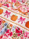 Load image into Gallery viewer, Fall Halloween & Thanksgiving Pumpkin Bow Smock Embroidered Floral Baby Girl Romper