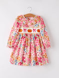 Load image into Gallery viewer, Fall Halloween & Thanksgiving Pumpkin Bow Smock Embroidered Floral Dress