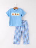 Load image into Gallery viewer, Fall Thanksgiving& Halloween Blue Pumpkin Smock Embroidery Baby Boy'Set
