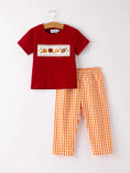 Load image into Gallery viewer, Fall Turkey Embroidered Boy Set – Orange Checkered with Thanksgiving Details