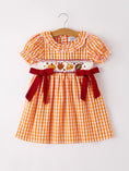 Load image into Gallery viewer, Fall Turkey Embroidered Dress for Girls – Orange Checkered with Thanksgiving Details