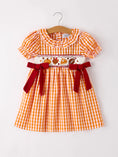 Load image into Gallery viewer, Fall Turkey Embroidered Dress for Girls – Orange Checkered with Thanksgiving Details