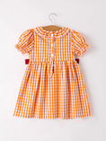 Load image into Gallery viewer, Fall Turkey Embroidered Dress for Girls – Orange Checkered with Thanksgiving Details
