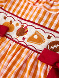 Load image into Gallery viewer, Fall Turkey Embroidered Dress for Girls – Orange Checkered with Thanksgiving Details