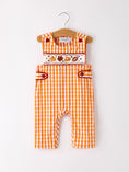 Load image into Gallery viewer, Fall Turkey Embroidered Romper for Baby Boys – Orange Checkered with Thanksgiving Details