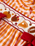 Load image into Gallery viewer, Turkey Fall Embroidered Romper for Baby Girls – Orange Checkered with Thanksgiving Details