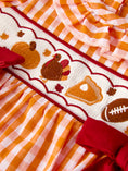 Load image into Gallery viewer, Turkey Fall Embroidered Romper for Baby Girls – Orange Checkered with Thanksgiving Details