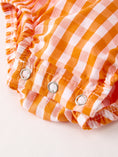 Load image into Gallery viewer, Turkey Fall Embroidered Romper for Baby Girls – Orange Checkered with Thanksgiving Details