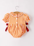 Load image into Gallery viewer, Turkey Fall Embroidered Romper for Baby Girls – Orange Checkered with Thanksgiving Details