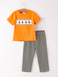 Load image into Gallery viewer, Halloween Striped Boy Set with Cat Smocking Embroidery – Perfect for Fall