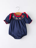 Load image into Gallery viewer, Christmas Holiday Celebration Baby Girls Romper: Navy with Santa Sleigh