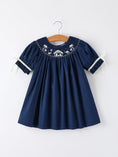Load image into Gallery viewer, Christmas Navy Blue Nativity Smocking Embroidered Dress