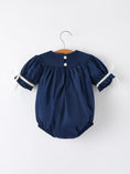 Load image into Gallery viewer, Navy Blue Nativity Smocking Embroidered Baby Girls Christmas Romper