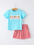 Load image into Gallery viewer, Boys Baseball Embroidery Blue T-shirt and Red Stripe Shorts Set