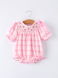 Load image into Gallery viewer, Valentine's Day Pink Plaid Smocked Heart Embroidery Girls Romper
