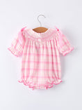 Load image into Gallery viewer, Valentine's Day Pink Plaid Smocked Heart Embroidery Girls Romper