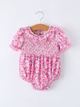 Load image into Gallery viewer, Girls Valentine's Day Floral Ruffle Smocking Baby Bubble Romper