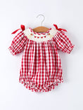 Load image into Gallery viewer, Valentine Red Plaid Romper with Smocked Heart Dog Detail and Bows