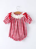 Load image into Gallery viewer, Valentine Red Plaid Romper with Smocked Heart Dog Detail and Bows