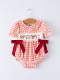 Load image into Gallery viewer, Girls Baseball Bow Smocking Embroidery Plaid Romper
