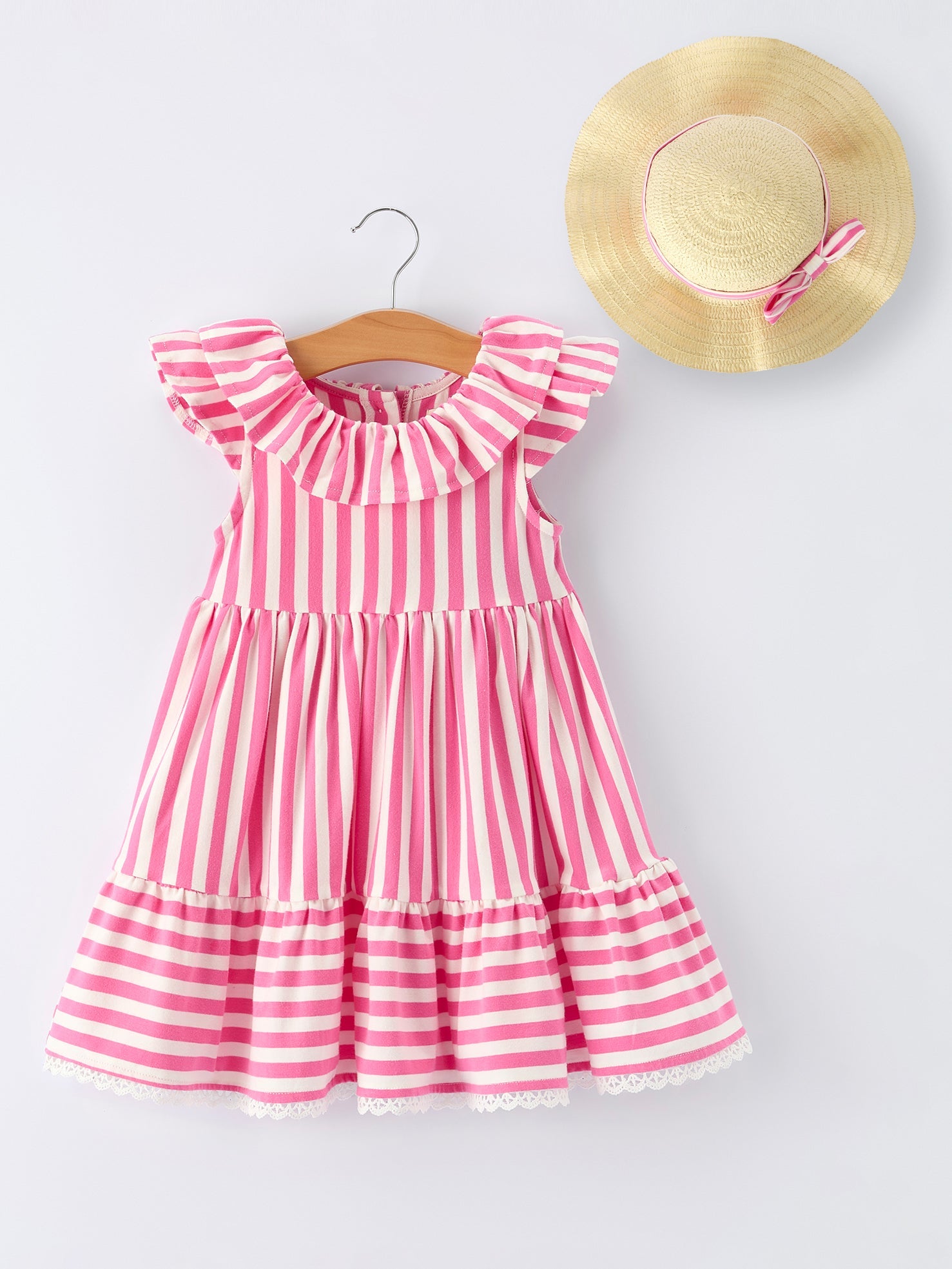 girls spring dress Spring Pink Striped Ruffled Girls' Dress with Hat 3