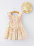 Load image into Gallery viewer, Spring Floral Girls Ruffle Dress With Bow Straw Hat Set
