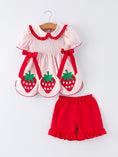 Load image into Gallery viewer, Girls' Plaid Smocked Strawberry Applique Shorts Set