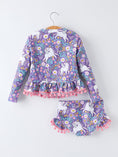 Load image into Gallery viewer, Girls Unicorn Long Sleeve Ruffle Swimsuit Set
