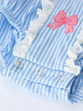 Load image into Gallery viewer, Blue Stripe Girl Romper Petal Peter Pan Collar Bow