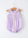 Load image into Gallery viewer, Floral Embroidered Girl Romper with Lavender Peter Pan Collar