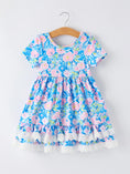 Load image into Gallery viewer, Spring Floral Girls Blue Dress Ruffle Hem