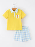 Load image into Gallery viewer, Boys Back To School Pencil Plaid Polo Short Set Embroidery