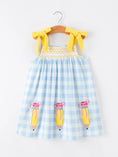 Load image into Gallery viewer, Girls Back To School Pencil Plaid Dress Bow Applique Smocked