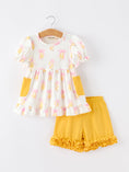 Load image into Gallery viewer, Girls Back To School Pencil Bow Pocket Ruffle Top Shorts Set