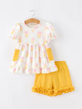 Load image into Gallery viewer, Girls Back To School Pencil Bow Pocket Ruffle Top Shorts Set