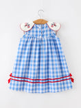 Load image into Gallery viewer, Girls 4th of July Plaid Twirl Dress Bow Embroidery Petals Collar
