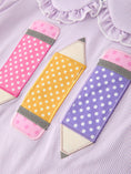 Load image into Gallery viewer, Back To School Pencil Applique Girls Purple Dress Petals Collar Ruffle