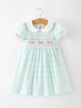 Load image into Gallery viewer, Spring Plaid Bow Girls Dress Smocked Petals Collar Puff Sleeve