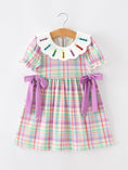 Load image into Gallery viewer, Back To School Plaid Crayon Embroidery Girls Dress Bow Puff Sleeve