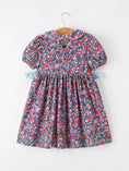 Load image into Gallery viewer, Blue Bow Smocked Floral Girl Dress