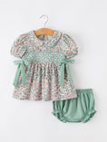 Load image into Gallery viewer, Sage Green Floral Smocked Girl Bloomer Set