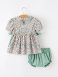 Load image into Gallery viewer, Sage Green Floral Smocked Girl Bloomer Set
