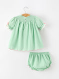 Load image into Gallery viewer, Christmas Mint Green Smocked Santa Baby Girl Bloomer Set