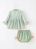 Load image into Gallery viewer, Fall Plaid Baby Girl Outfit Set Pumpkin Applique Ruffle Top Bloomer