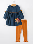 Load image into Gallery viewer, Thanksgiving Turkey Applique Girls Outfit Set Navy Top Orange Pants Set