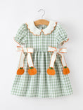 Load image into Gallery viewer, Fall Plaid Girls Dress Pumpkin Bow Smocked Peter Pan Collar