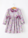 Load image into Gallery viewer, Purple Floral Girls Dress Velvet Collar Bow Long Sleeve Dress